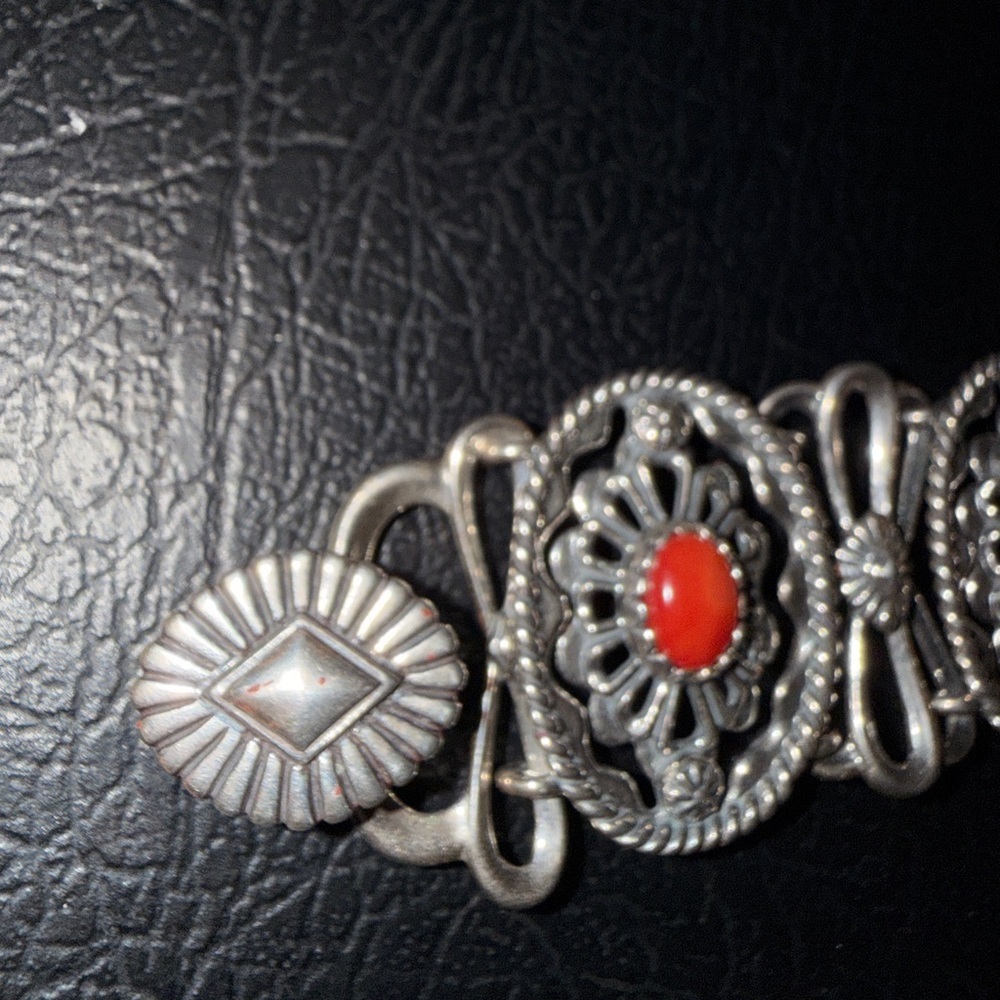 Silver and Red Coral filagree Bracelet Sterling Silver 925 - Picture 5 of 12